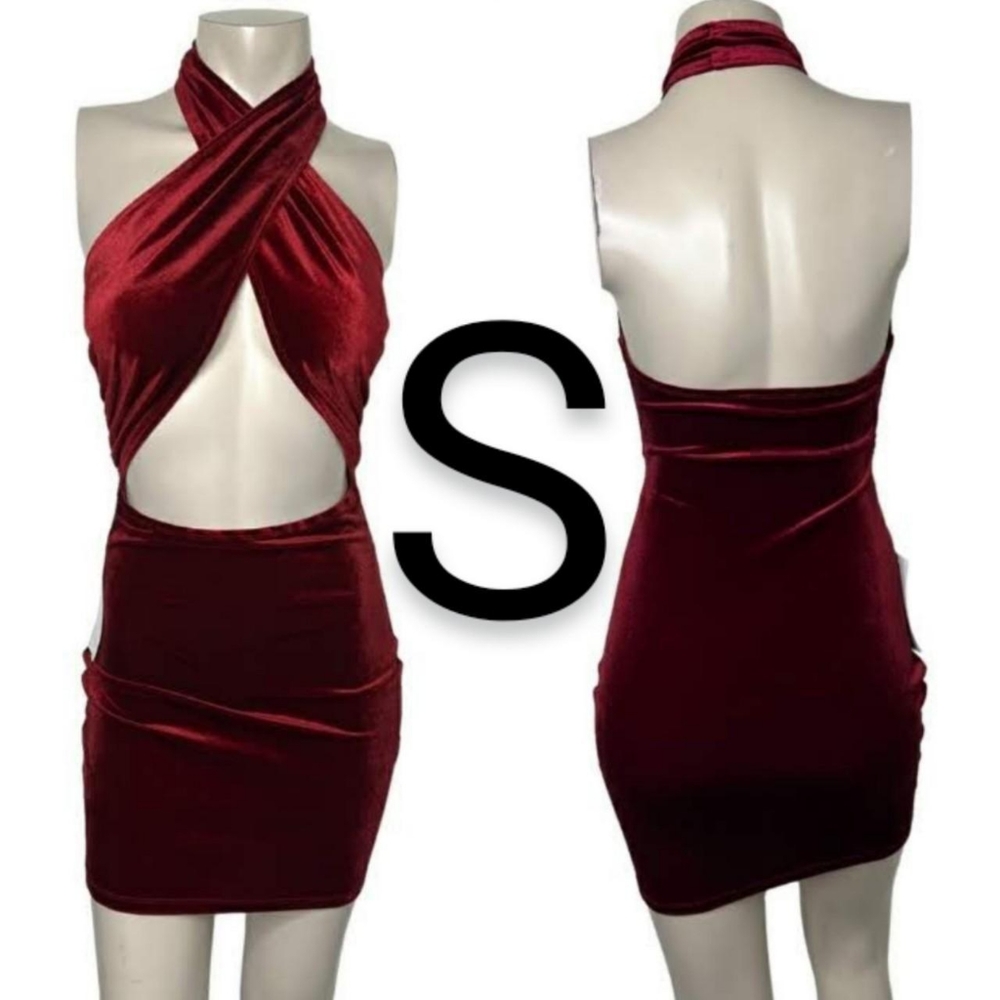 🆕Burgundy Red Wine Velvet Halter Mini Dress~Size S